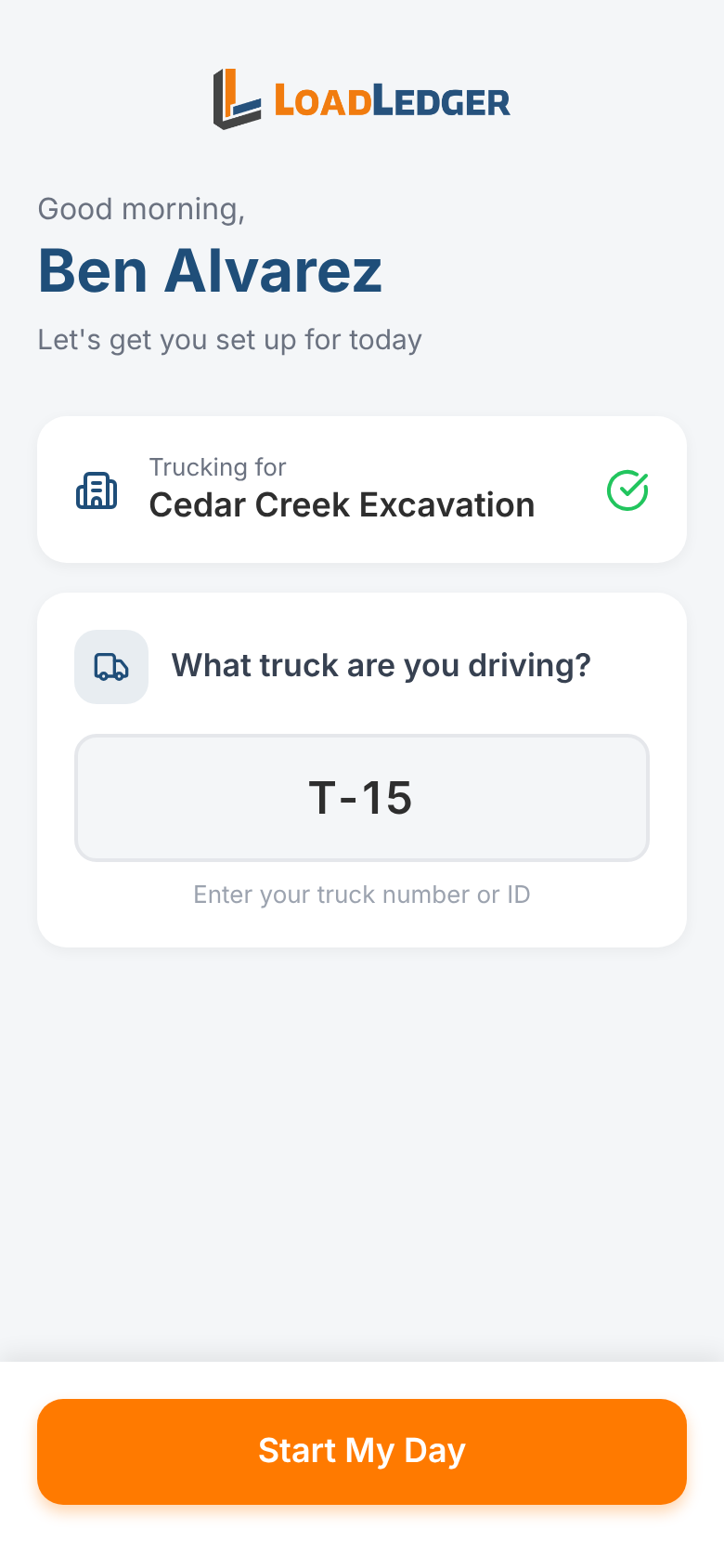 Daily setup: confirm the contractor and enter your truck number