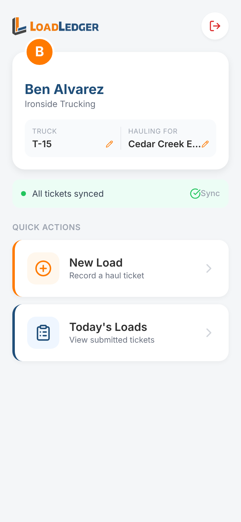 The driver home screen with New Load and Today's Loads