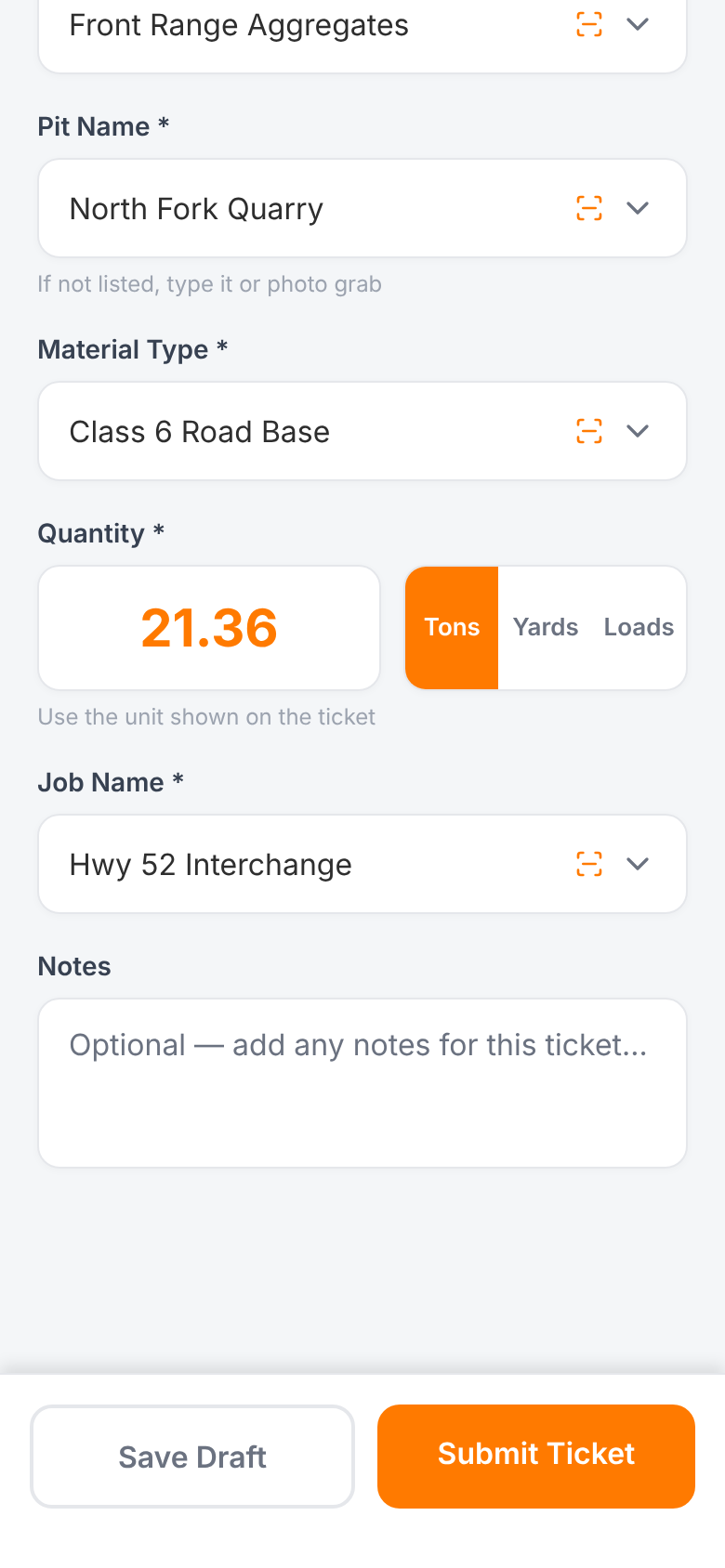 A completed ticket ready to submit