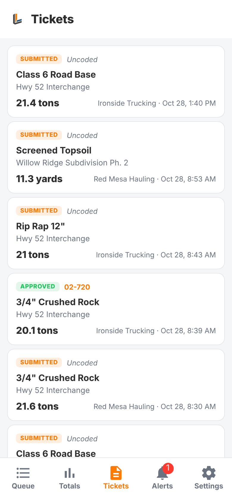 Every ticket with its status and cost code