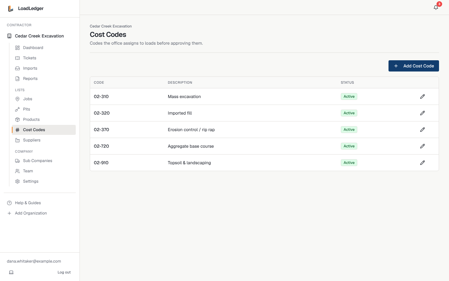 Cost codes the office assigns to loads