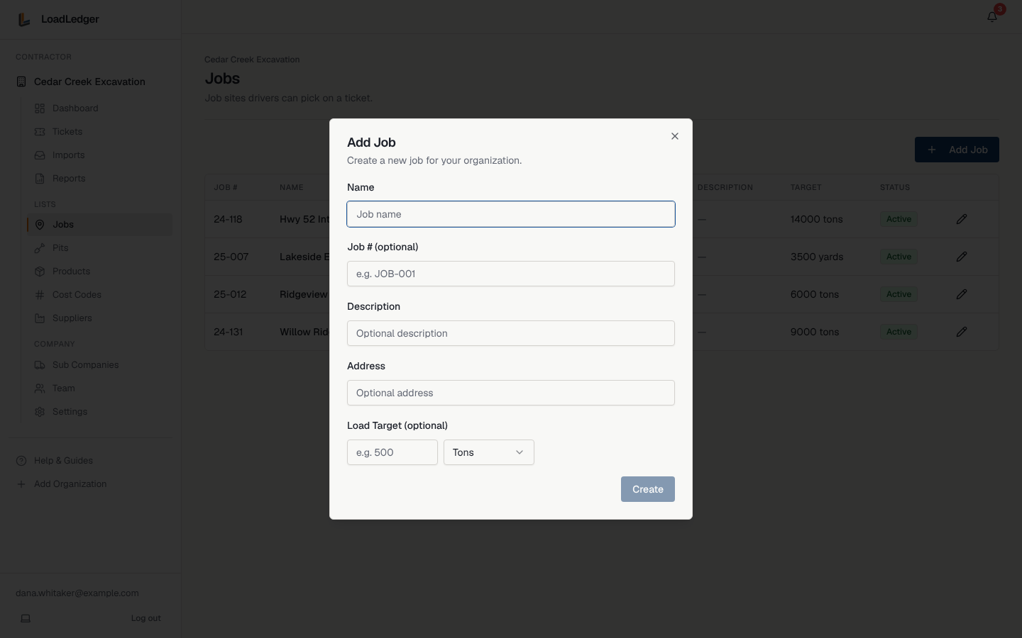 The Add Job form: name, job number, description, address and load target