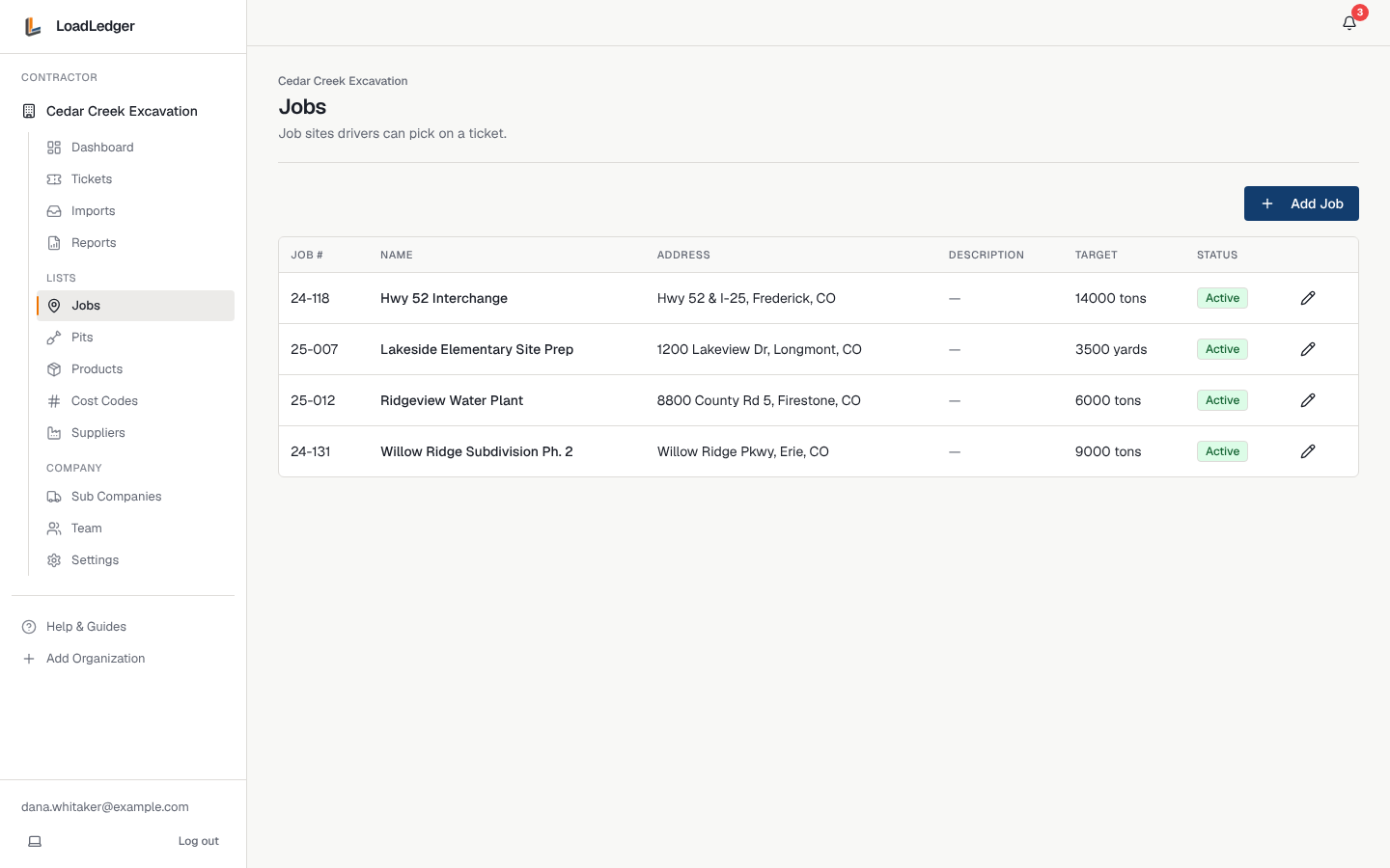 The Jobs list with job numbers, addresses and load targets