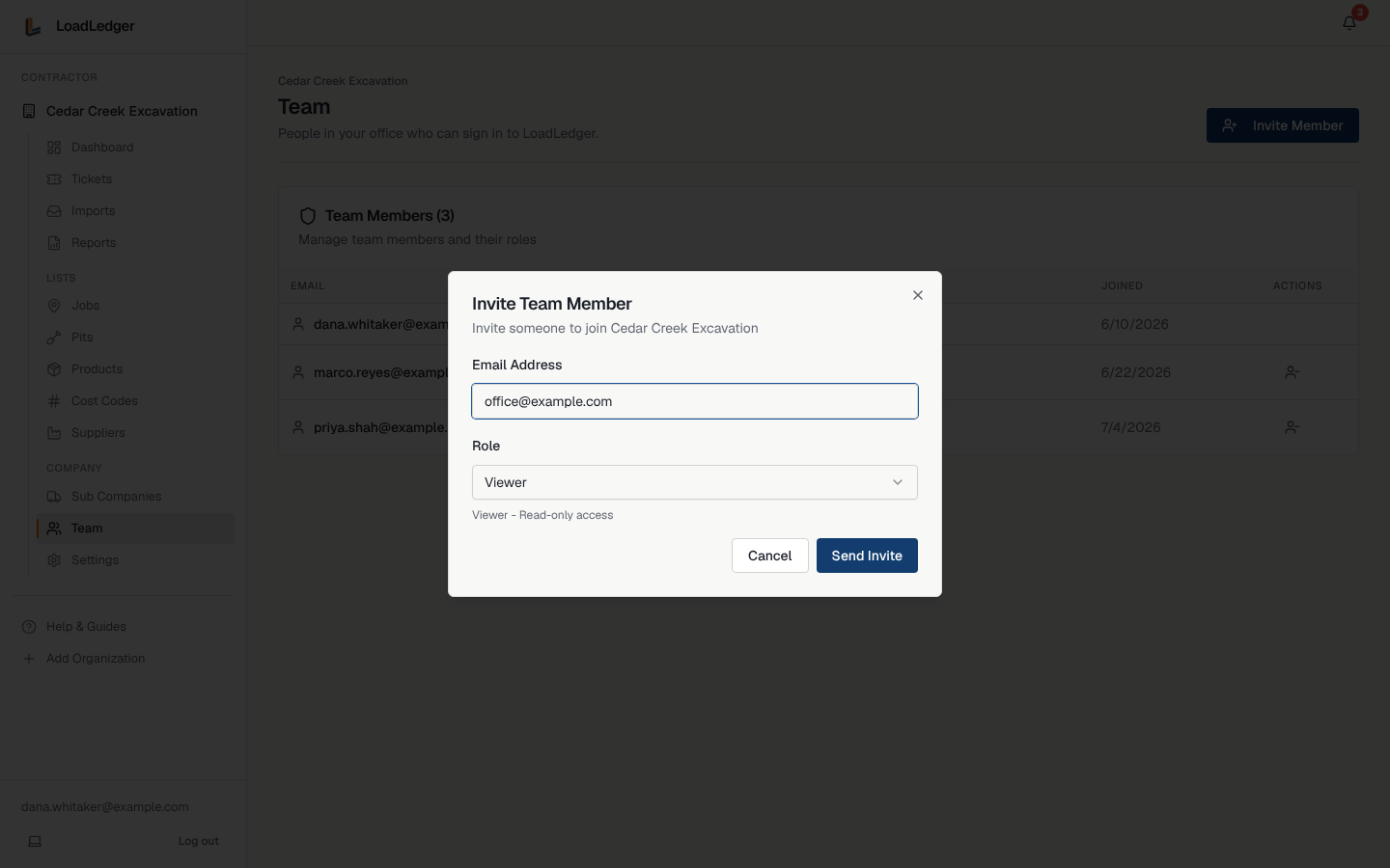The Invite Team Member form with an email address and role