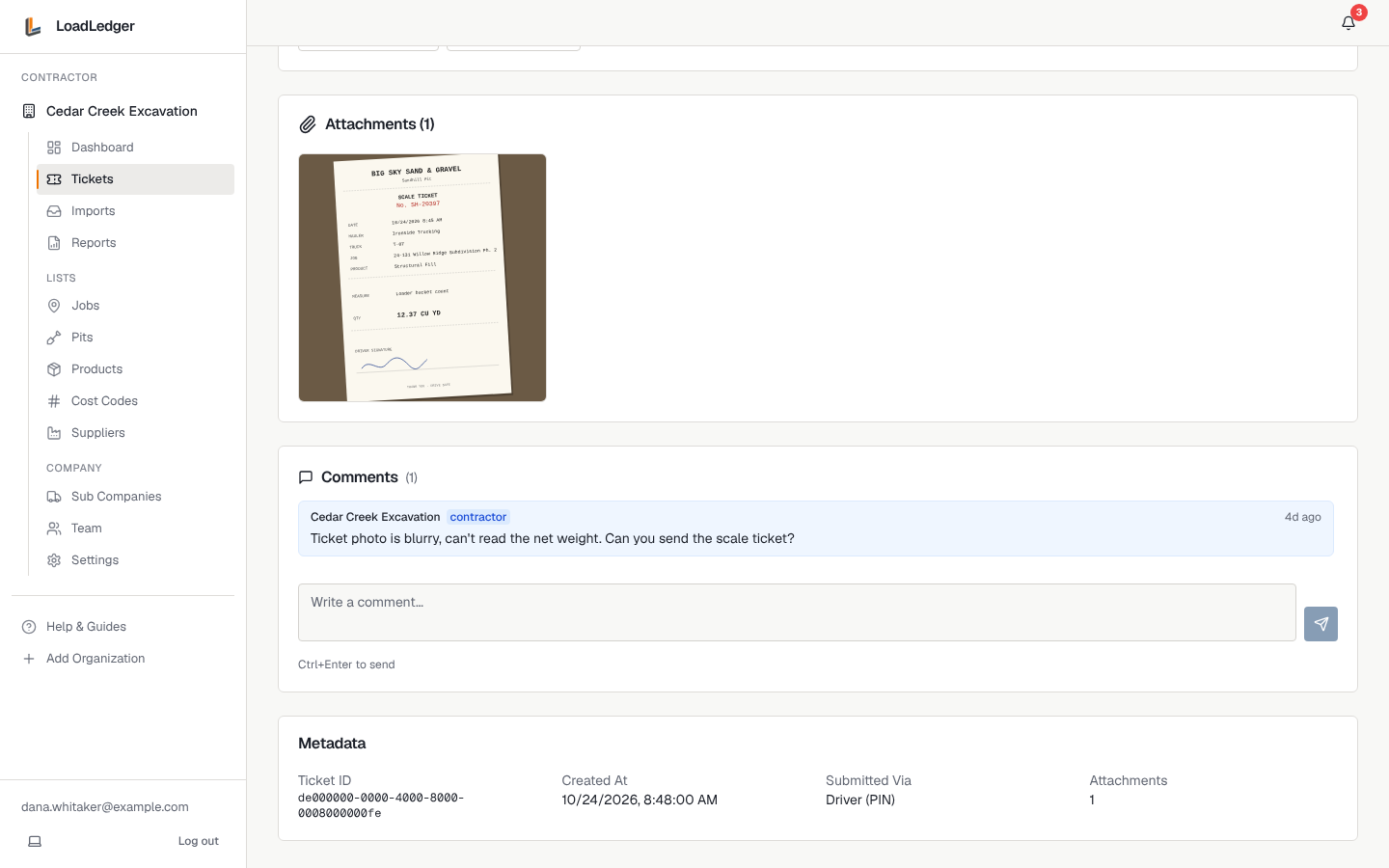 A flagged ticket's photo and its comment thread