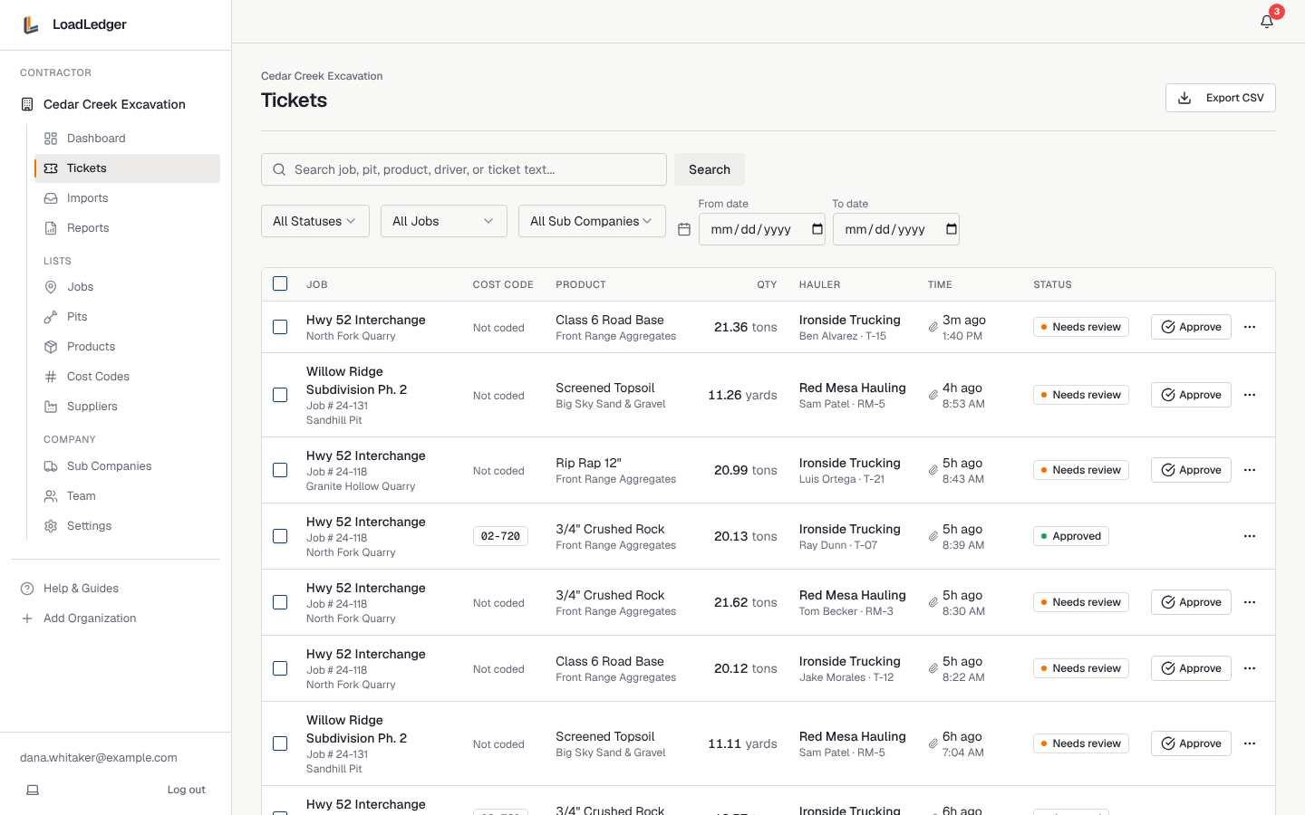 The Tickets list with job, cost code, product, quantity, hauler, time and status